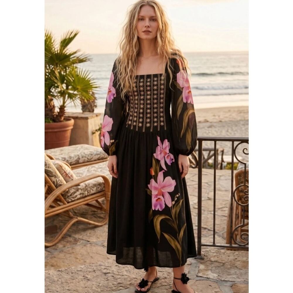 FARM RIO Floral Long Sleeve Midi Dress in Black Size XS